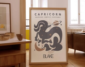 Impresión personalizada del signo zodiacal, regalo astrológico, arte mural del horóscopo, póster personalizado de Capricornio, decoración del hogar, regalo astrológico, regalo de cumpleaños