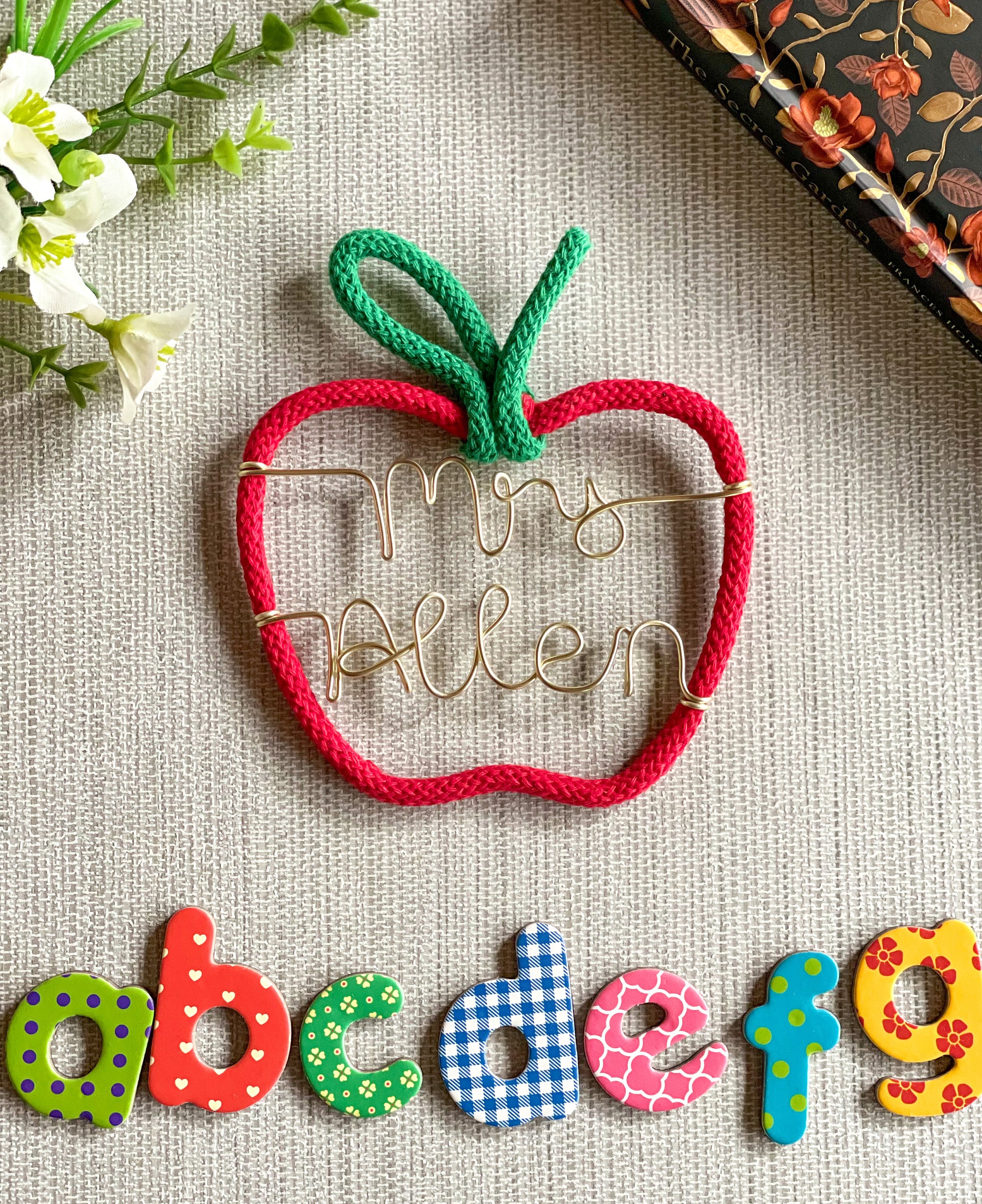 Personalised Teacher Gift, Teacher Gift, Apple Teacher Gift, Knitted Wire Art, Wire Wall Art, Custom Teacher Gift, Teacher Name Gift