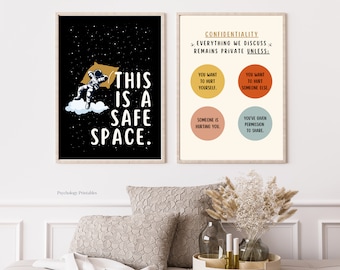 Set of 2 Unique "Safe Space & Confidentiality" Poster Prints, Therapy Office Decor, Counselor Office Decor, Digital Download Wall Art.