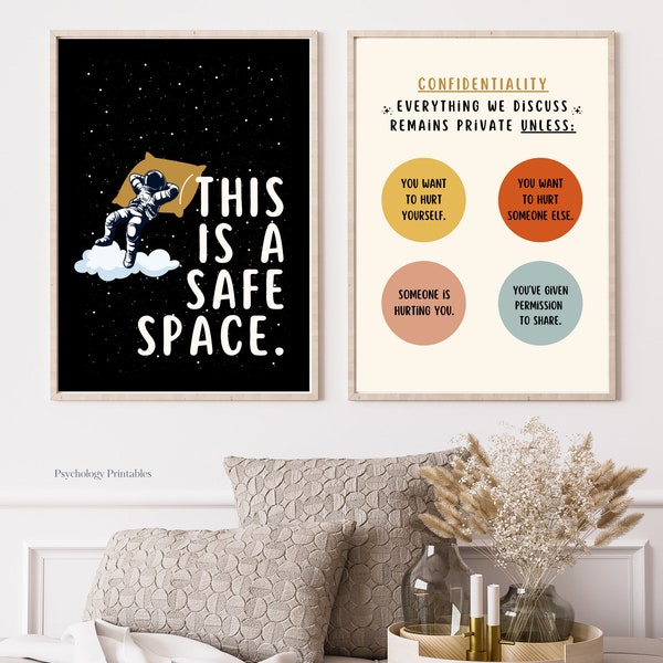 Set of 2 Unique "Safe Space & Confidentiality" Poster Prints, Therapy Office Decor, Counselor Office Decor, Digital Download Wall Art.
