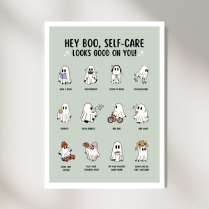 Halloween &quot;Hey Boo! Self-Care Looks Good On You&quot; Single Poster, Therapy Office Decor, Counselor Office Decor, Client Printables.