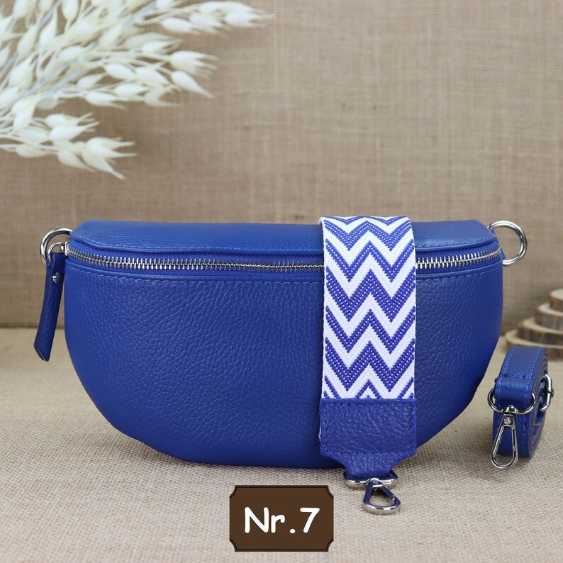 Leder Umhängetasche für Damen, Leder Bauchtasche für Frauen mit extra Gemusterten Trägern, Blaue Crossbody Tasche, Schultertasche mit Riemen Blau Nr.7