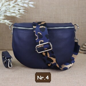 Navy Blue Leather Fanny Pack for Women with 2 Straps and Silver Zipper, Leather Shoulder Bag, Crossbody Bag with Patterned Straps Navy Blau Nr.4