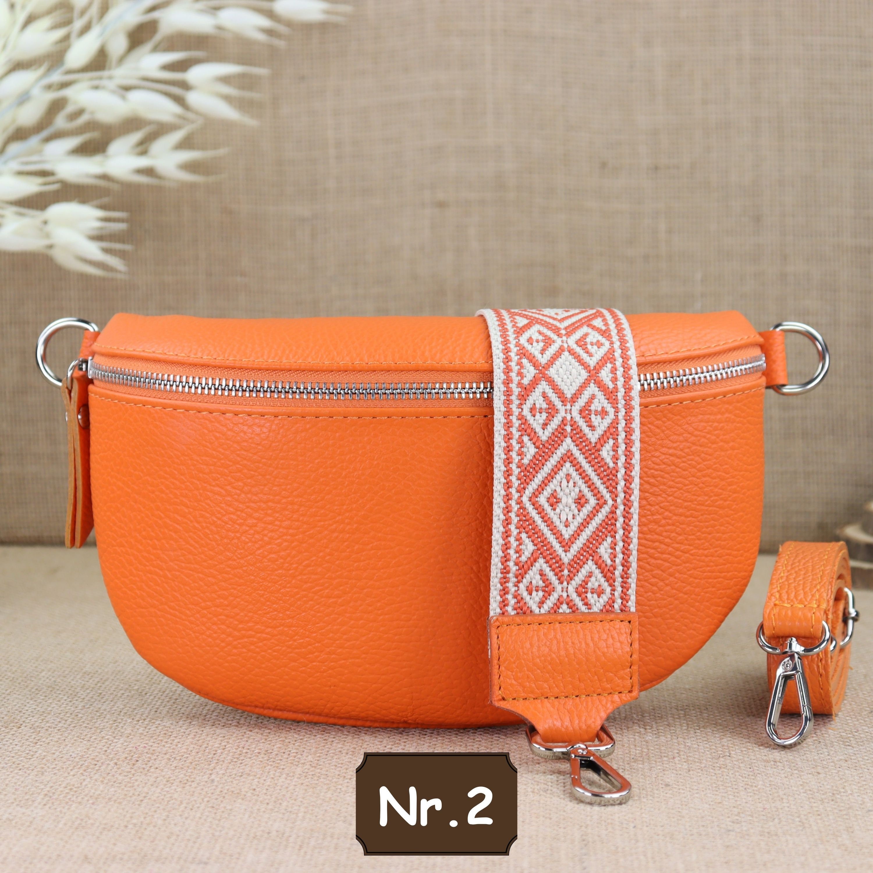 Orange Bum Bag With Silver Zipper for Women, Leather Shoulder Bag