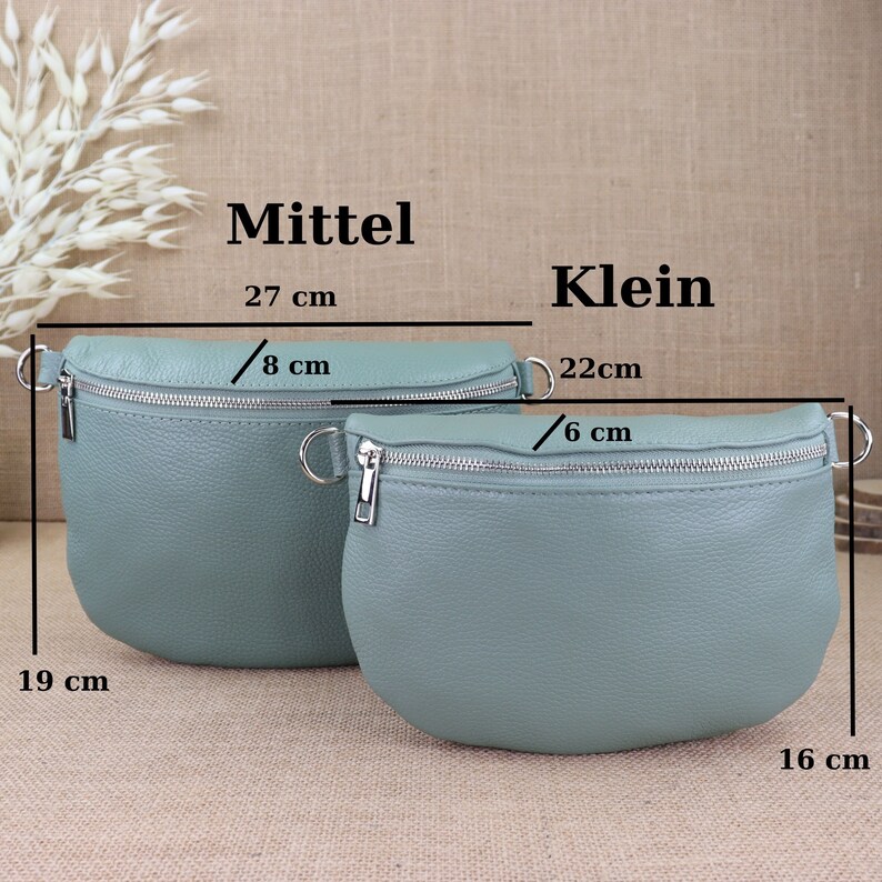 Mint leather fanny pack for women with 2 straps and silver zipper, women's leather shoulder bag, crossbody bag with patterned straps image 3