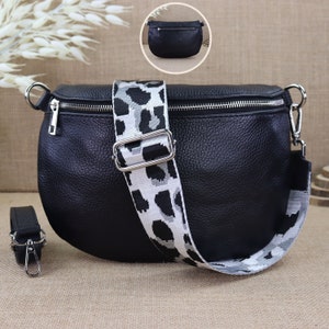 Schwarze Leder Schultertasche für Frauen mit extra Gemusterten Trägern, Damen Leder Bauchtasche, Crossbody Tasche, Umhängetasche, Handtasche