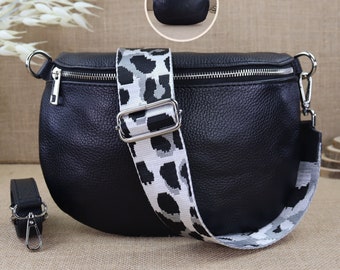 Black leather fanny pack for women with 2 straps and silver zipper, leather shoulder bag, crossbody bag with patterned straps