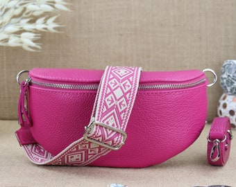 Fuchsia leather fanny pack for women with 2 straps, leather shoulder bag, crossbody bag with different sizes, shoulder bag, gift