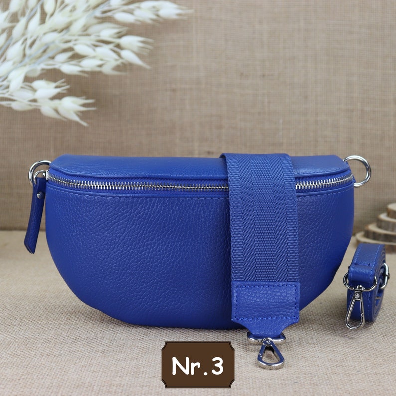 Leder Umhängetasche für Damen, Leder Bauchtasche für Frauen mit extra Gemusterten Trägern, Blaue Crossbody Tasche, Schultertasche mit Riemen Blau Nr.3