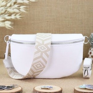 Weiße Leder Umhängetasche für Frauen mit extra Gemusterten Trägern, Damen Leder Bauchtasche, Crossbody Tasche, Schultertasche, Gürteltasche