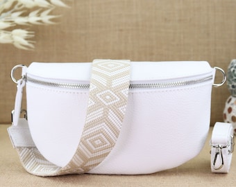 Weiße Leder Umhängetasche für Frauen mit extra Gemusterten Trägern, Damen Leder Bauchtasche, Crossbody Tasche, Schultertasche, Gürteltasche
