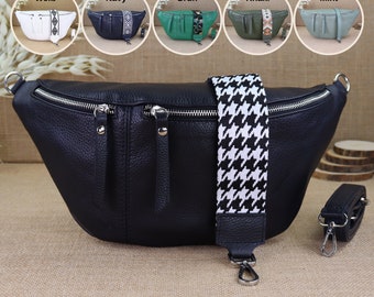 Silver zipper large leather fanny pack with 2 straps for women, women's leather shoulder bag, crossbody bag, shoulder bag