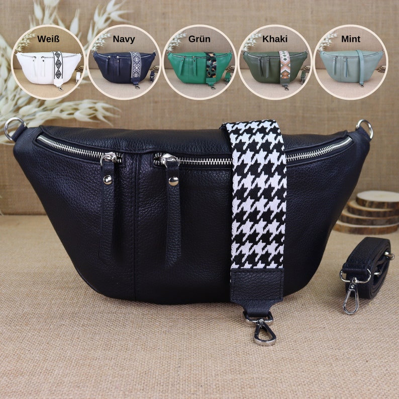 Silver zipper large leather fanny pack with 2 straps for women, women's leather shoulder bag, crossbody bag, shoulder bag image 1