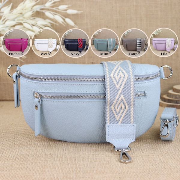 Leather shoulder bag for women in different colors and sizes, fanny pack with patterned strap, leather shoulder bag crossbody bag