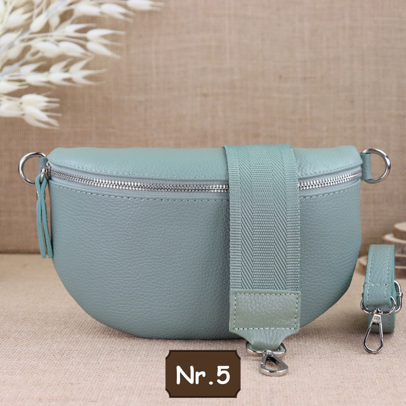 Bauchtasche Leder Frauen mit Gemusterte Riemen, Leder Umhängetasche, Mintfarbe Cross Bag mit breitem Riemen, Alltagstasche, Geschenk für sie Mint Nr.5