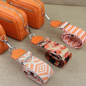 Orange Ledertaschenriemen für Frauen, Gemusterten Ledergürtel für Taschen mit silberner Hardware, Breiter Schultergurt, Kamerataschengurte