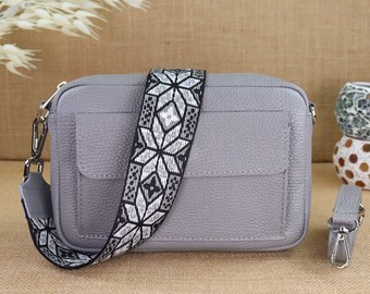 Gray leather fanny pack with 2 straps for women, leather shoulder bag, crossbody bag with patterned belt, women's leather shoulder bag