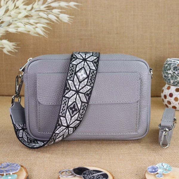 Gray leather fanny pack with 2 straps for women, leather shoulder bag, crossbody bag with patterned belt, women's leather shoulder bag