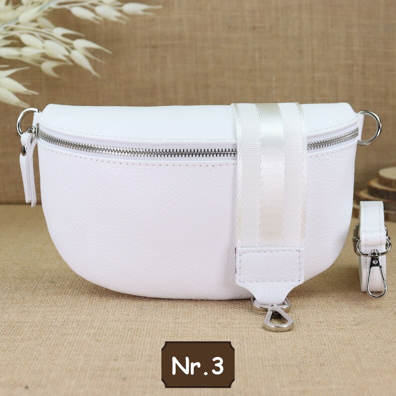 Weiße Leder Umhängetasche für Frauen mit extra Gemusterten Trägern, Damen Leder Bauchtasche, Crossbody Tasche, Schultertasche, Gürteltasche Bild 5