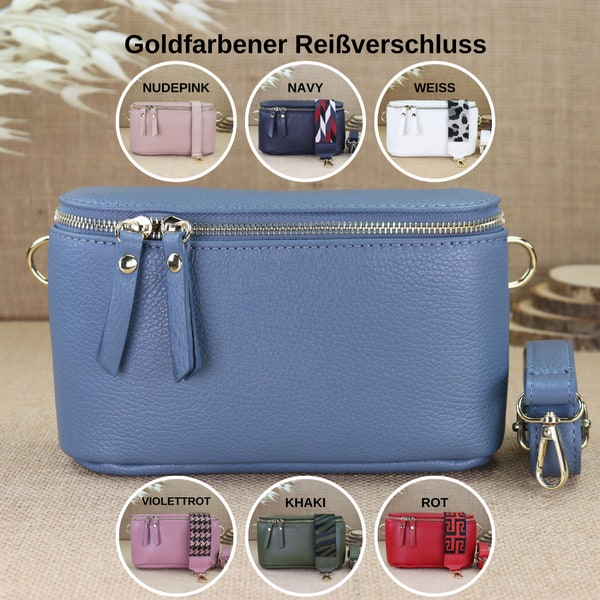 Leder Bauchtasche mit 2 Riemen für Frauen, Damen Umhängetasche, Crossbody Bag mit Gemusterte Gurt, Leder Schultertasche, Geschenk für sie