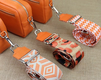 Orange Leather Bag Strap with Silver Hardware, Patterned Leather Bag Strap for Women, Wide Shoulder Strap, Camera Bag Straps