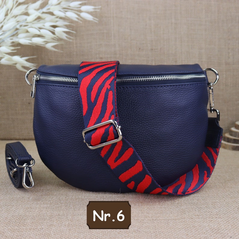 Navy Blue Leather Fanny Pack for Women with 2 Straps and Silver Zipper, Leather Shoulder Bag, Crossbody Bag with Patterned Straps Navy Blau Nr.6