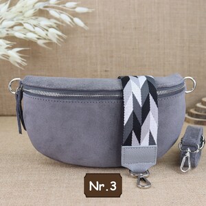 Sac banane en daim gris pour femmes, sac à bandoulière en cuir pour femmes, sac à bandoulière en daim de différentes tailles, sac à bandoulière Grau Nr.3