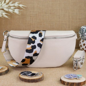 Creme Leder Umhängetasche für Frauen mit extra Gemusterten Trägern, Damen Leder Bauchtasche, Crossbody Tasche, Schultertasche, Gürteltasche