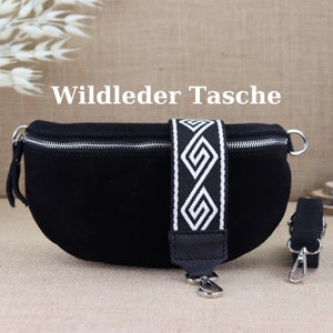 Elegante Wildleder Bauchtasche – Crossbody mit gemustertem Gurt, schwarze Schultertasche, verschiedene Größen, Geschenk Damen, Valentinstag