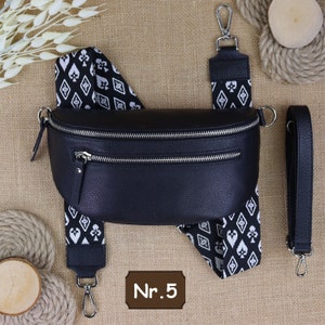 Schwarze Leder Bauchtasche für Frauen mit zusätzlichen gemusterten Trägern, Leder Schultertasche, Crossbody Tasche mit verschiedenen Größen Schwarz Nr.5