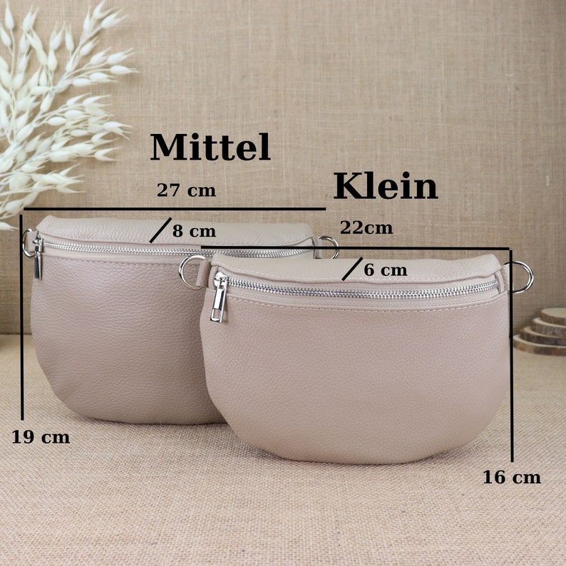 Beige leather fanny pack for women with 2 straps and silver zipper, leather shoulder bag, crossbody bag with patterned straps image 3