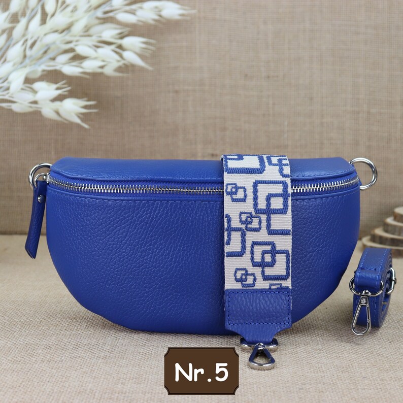 Leder Umhängetasche für Damen, Leder Bauchtasche für Frauen mit extra Gemusterten Trägern, Blaue Crossbody Tasche, Schultertasche mit Riemen Blau Nr.5