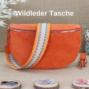 Large suede shoulder bag, suede fanny pack with patterned wide straps for women, leather shoulder bag, crossbody bag image 1