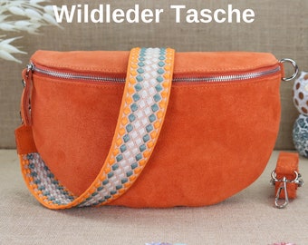 Grand sac à bandoulière en daim, sac banane en daim avec larges bretelles à motifs pour femmes, sac à bandoulière en cuir, sac crossbody