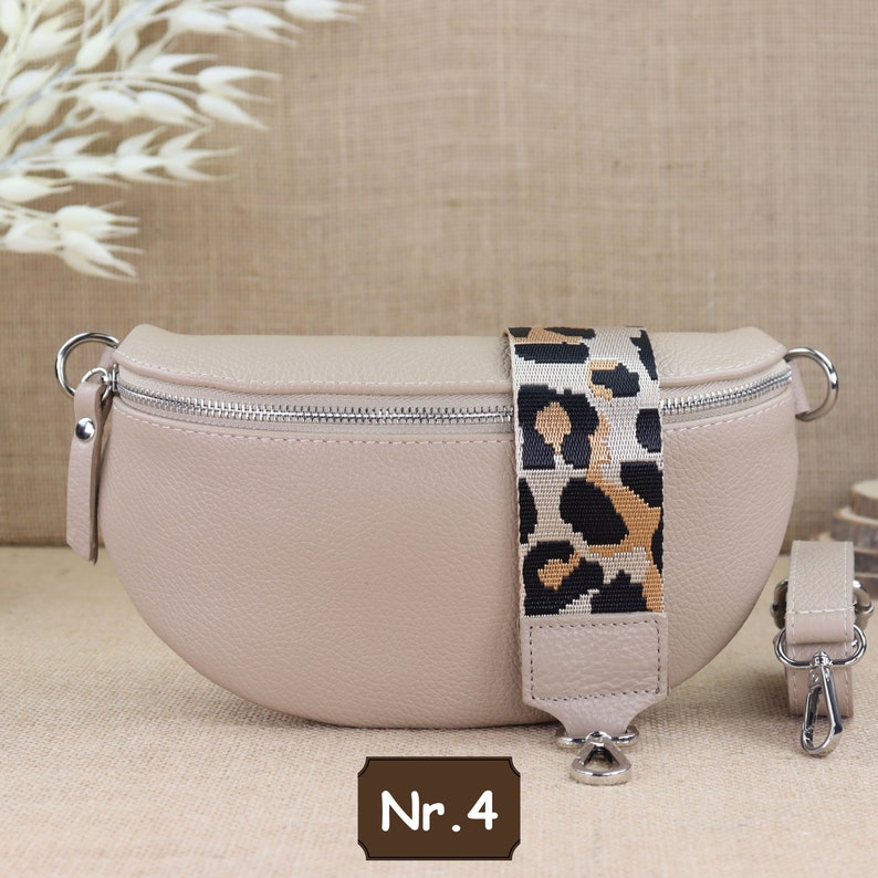 Beige Leder Bauchtasche für Frauen mit extra Gemusterten Trägern, Leder Umhängetasche, Crossbody Tasche Gürteltasche mit Gemusterten Riemen Beige Nr.4