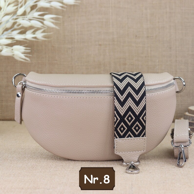 Beige leather fanny pack for women with extra patterned straps, leather shoulder bag, crossbody bag, belt bag with patterned straps Beige Nr.8