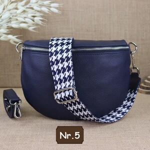 Navy Blue Leather Fanny Pack for Women with 2 Straps and Silver Zipper, Leather Shoulder Bag, Crossbody Bag with Patterned Straps Navy Blau Nr.5
