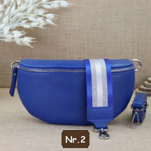 Leder Umhängetasche für Damen, Leder Bauchtasche für Frauen mit extra Gemusterten Trägern, Blaue Crossbody Tasche, Schultertasche mit Riemen Blau Nr.2