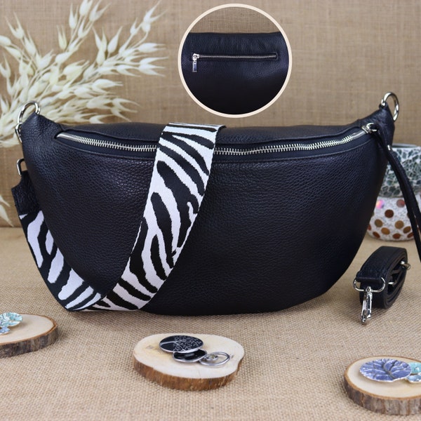 Large Black Leather Fanny Pack with 2 Straps Silver Zipper for Women, Leather Shoulder Bag, Crossbody Bag Belt Bag with Strap