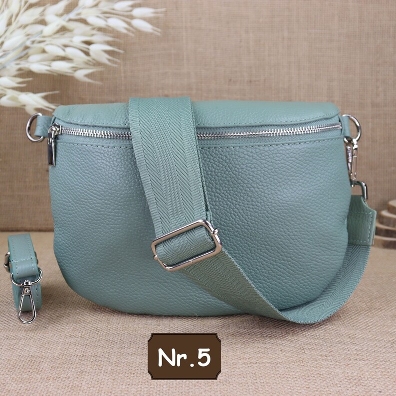 Mint leather fanny pack for women with 2 straps and silver zipper, women's leather shoulder bag, crossbody bag with patterned straps Mint Nr.5