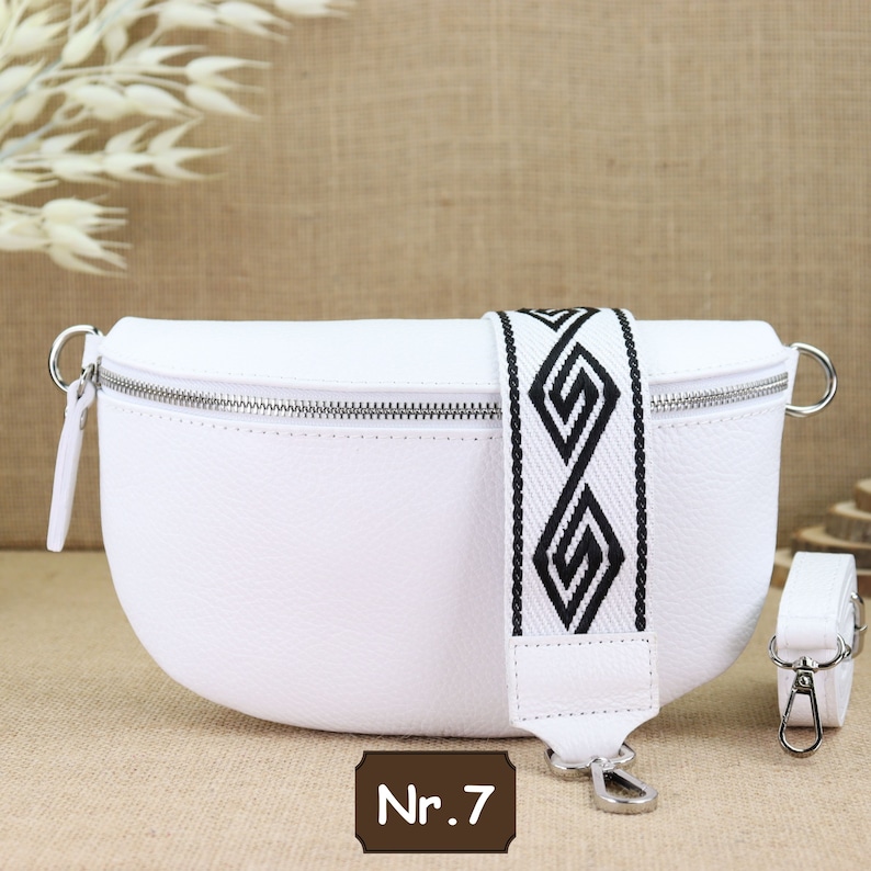 White leather shoulder bag for women with extra patterned straps, women's leather fanny pack, crossbody bag, shoulder bag, belt bag Weiß Nr.7