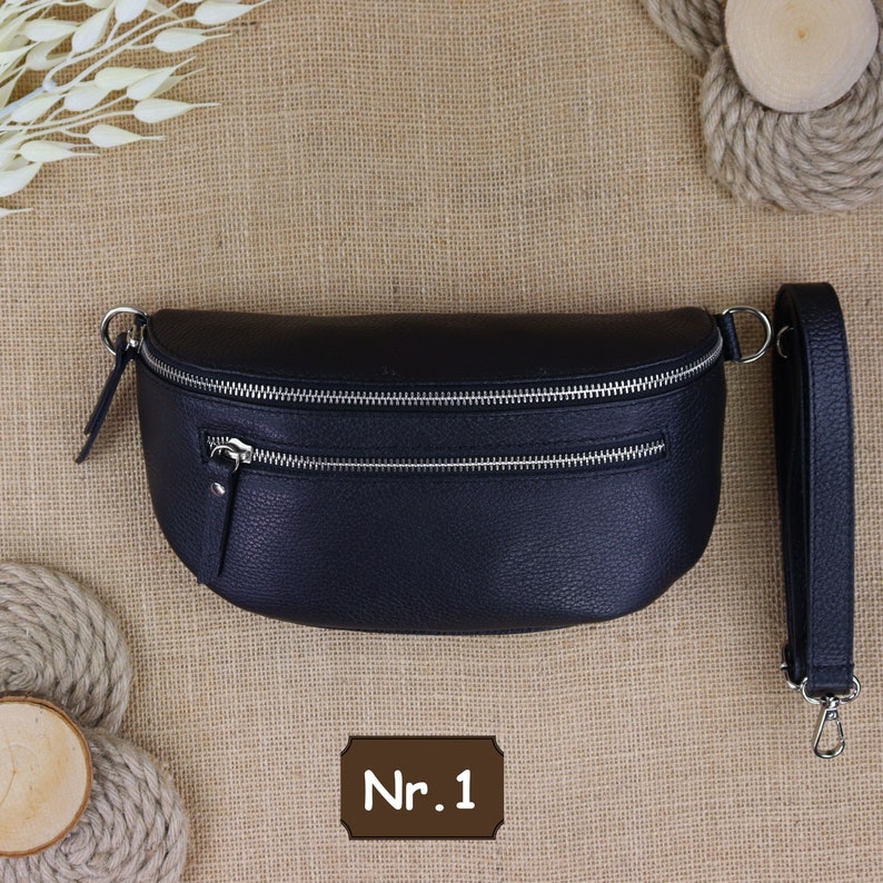 Schwarze Leder Bauchtasche für Frauen mit zusätzlichen gemusterten Trägern, Leder Schultertasche, Crossbody Tasche mit verschiedenen Größen Nr.1 (Ohne 2.Gürtel)