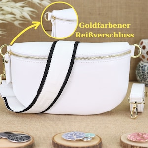 Weiße Leder Umhängetasche mit goldenem Reißverschluss, Crossbody Bag, Leder Bauchtasche für Frauen, Modische Schultertasche für Damen