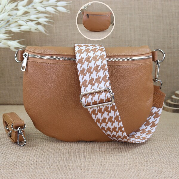 Cognac brown leather fanny pack for women with 2 straps and silver zipper, leather shoulder bag, crossbody bag with patterned strap