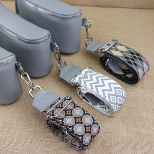 Grey Leather Bag Strap Women - Wide Patterned Shoulder Strap for Bags, Silver Hardware, Camera Strap, Fabric Strap, Valentine&#39;s Day