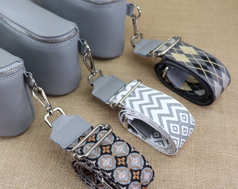 Grey Leather Bag Strap Women Wide Patterned Shoulder Strap for