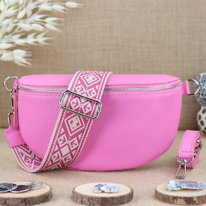 Rosa Frauen Leder Bauchtasche mit breitem Riemen, Leder Schultertasche, Crossbody Bag, Umhängetasche in verschiedenen Farben und Größen