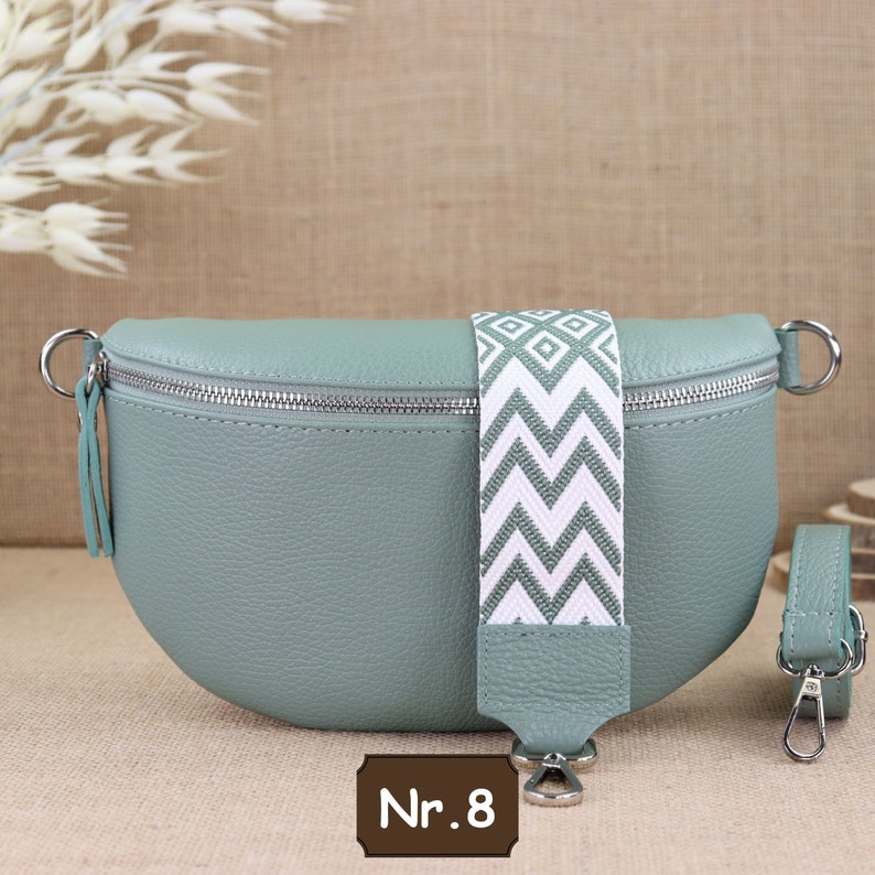 Bauchtasche Leder Frauen mit Gemusterte Riemen, Leder Umhängetasche, Mintfarbe Cross Bag mit breitem Riemen, Alltagstasche, Geschenk für sie Mint Nr.8