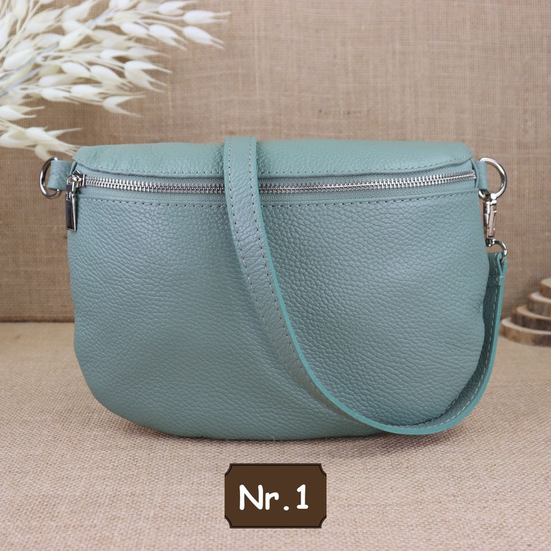 Mint leather fanny pack for women with 2 straps and silver zipper, women's leather shoulder bag, crossbody bag with patterned straps Nr.1 (Ohne 2.Gürtel)