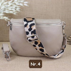 Beige leather fanny pack for women with 2 straps and silver zipper, leather shoulder bag, crossbody bag with patterned straps Beige Nr.4